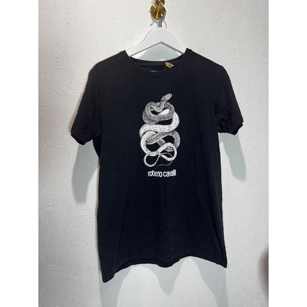 Roberto Cavalli Mens Black Snake Graphic Print Cotton T-Shirt XL HST620 A#475